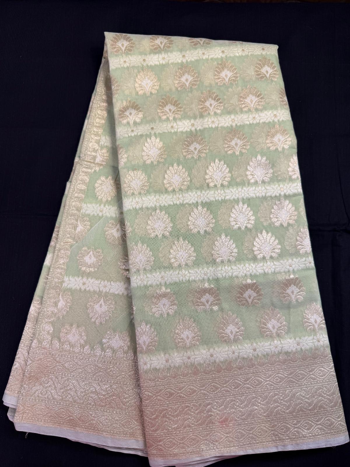 Pista green Banarasi Jamdani with white and gold butas