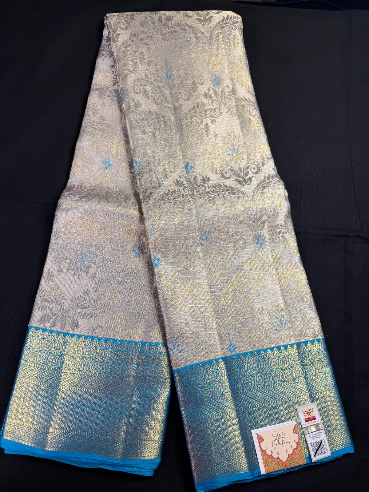 Gray Pure Kanjivaram Pattu with Jacquard all over and Blue borders on both side