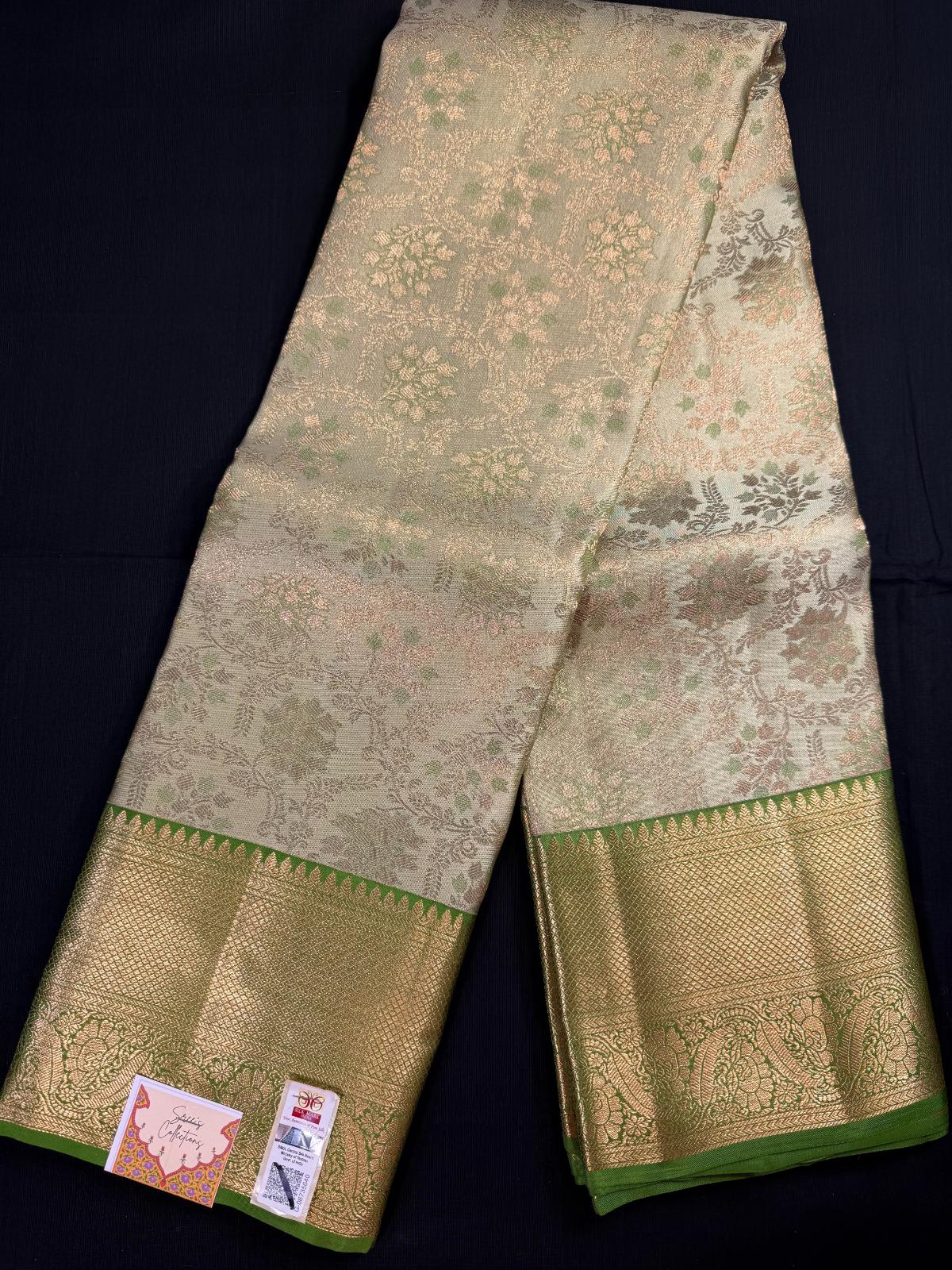Green Pure Kanjivaram Pattu with Jacquard all over and Green borders on both side