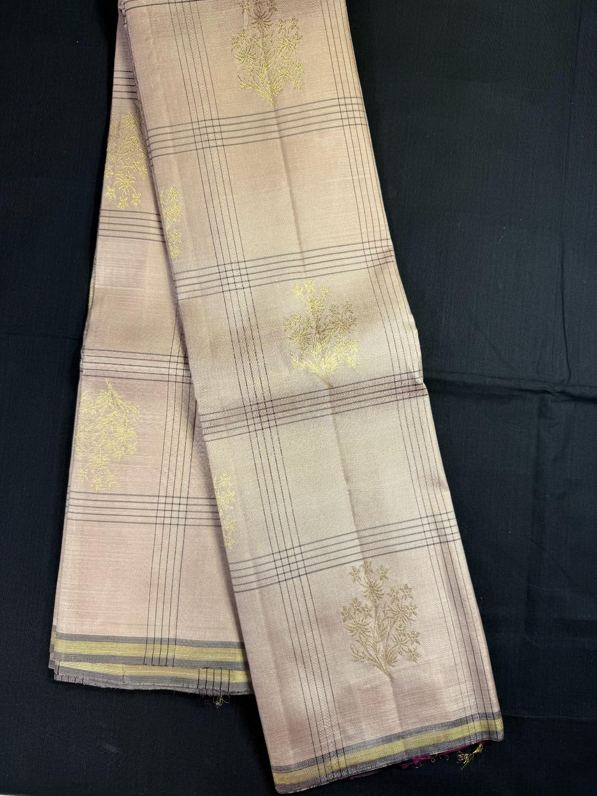 Beige Pure Kanjivaram Pattu with big checks and gold buta design