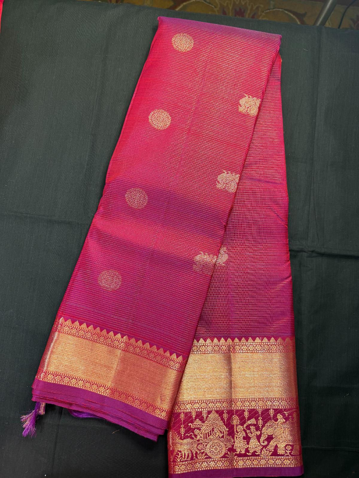 Maroon vaira oosi pure kanjivaram pattu with peacock and rudraksha butas, with elephant palanquin design double border, dark pink and kadi