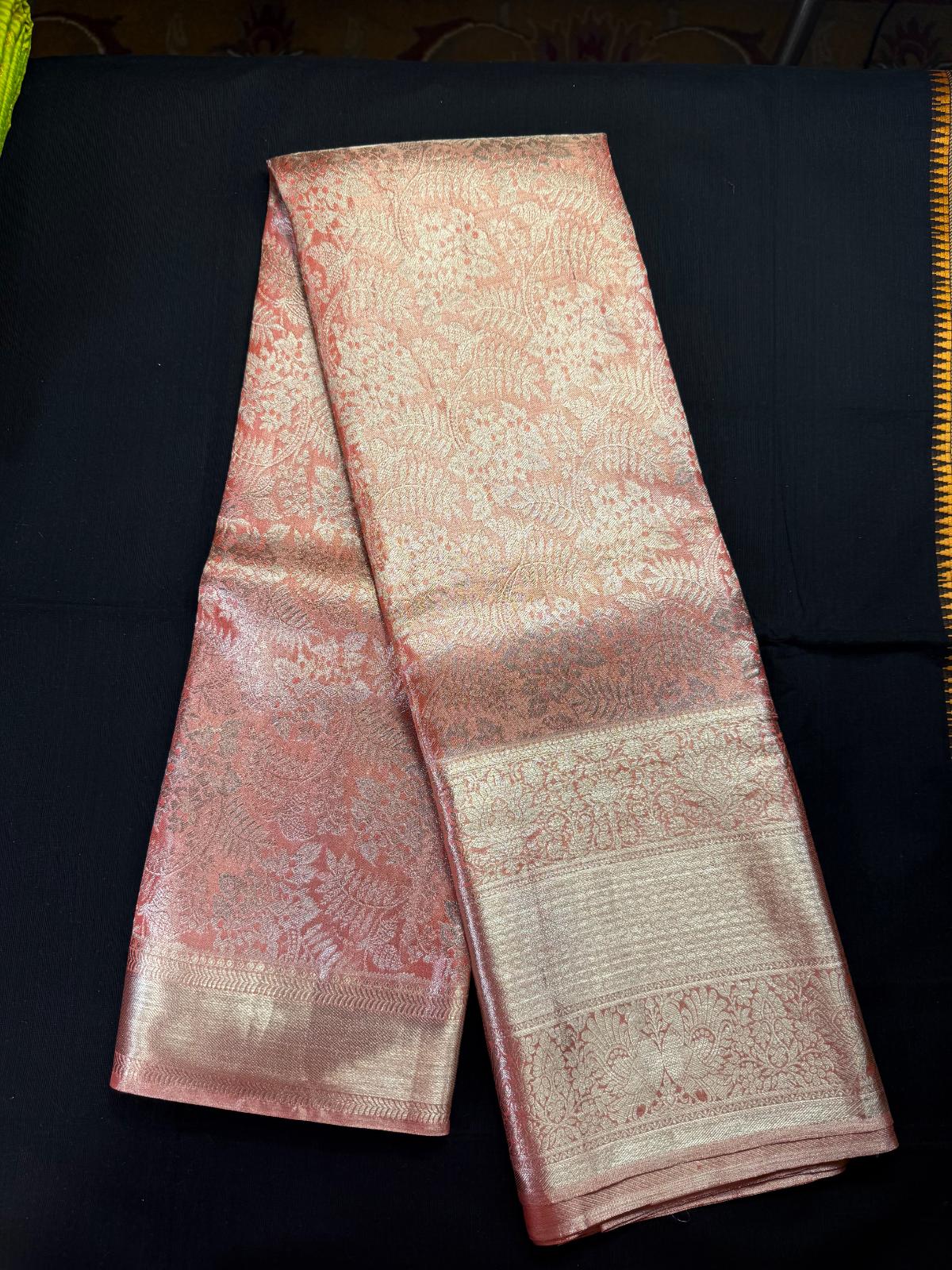 Peach pure kanjivaram pattu, with silver jari jacquard design with silver jari, with riple border with flowers, kadi, peacocks