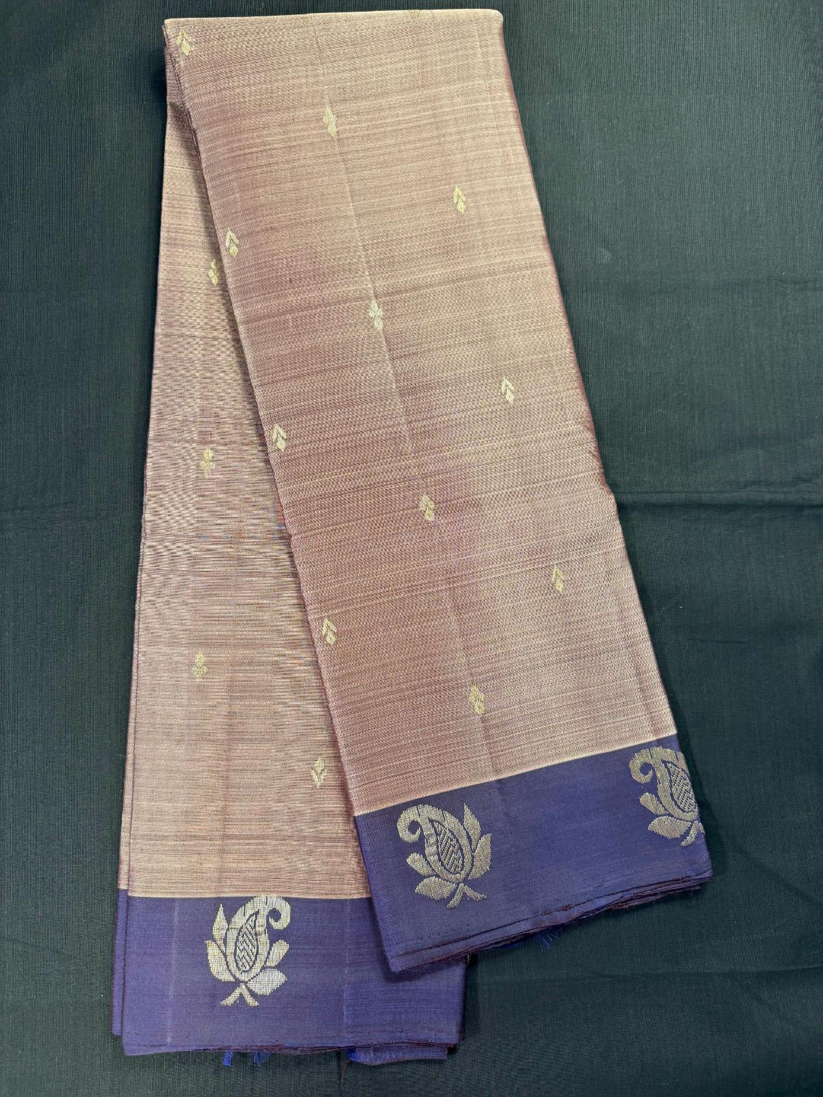 Purple and Beige Dual Color, Pure Kanjivaram Pattu With Purple Border With Gold Mangos, All Over Butas
