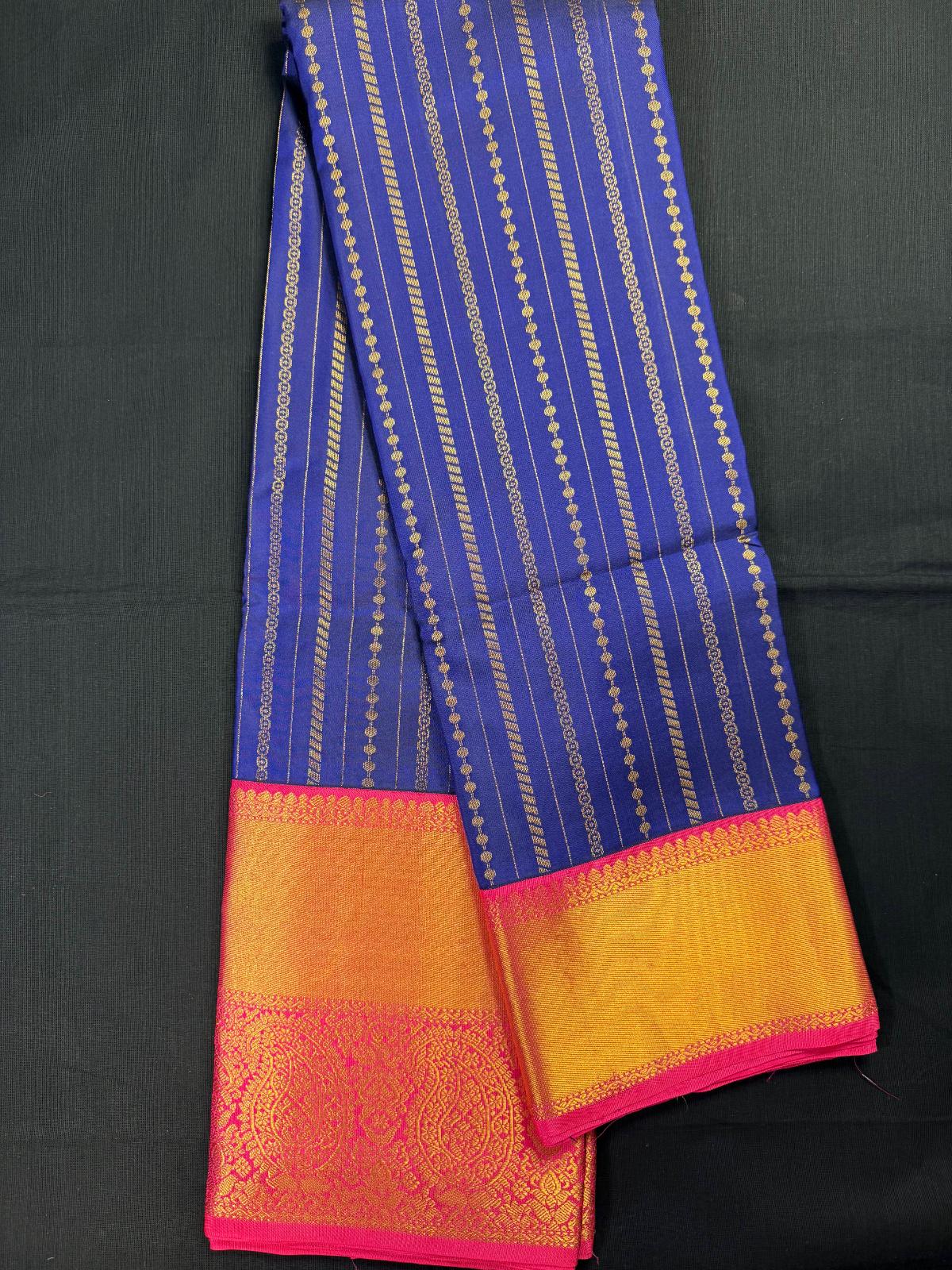 Royal Blue Pure Kanjivaram Pattu With Big Double Border and Mango Design, All Over Jari Design Lines
