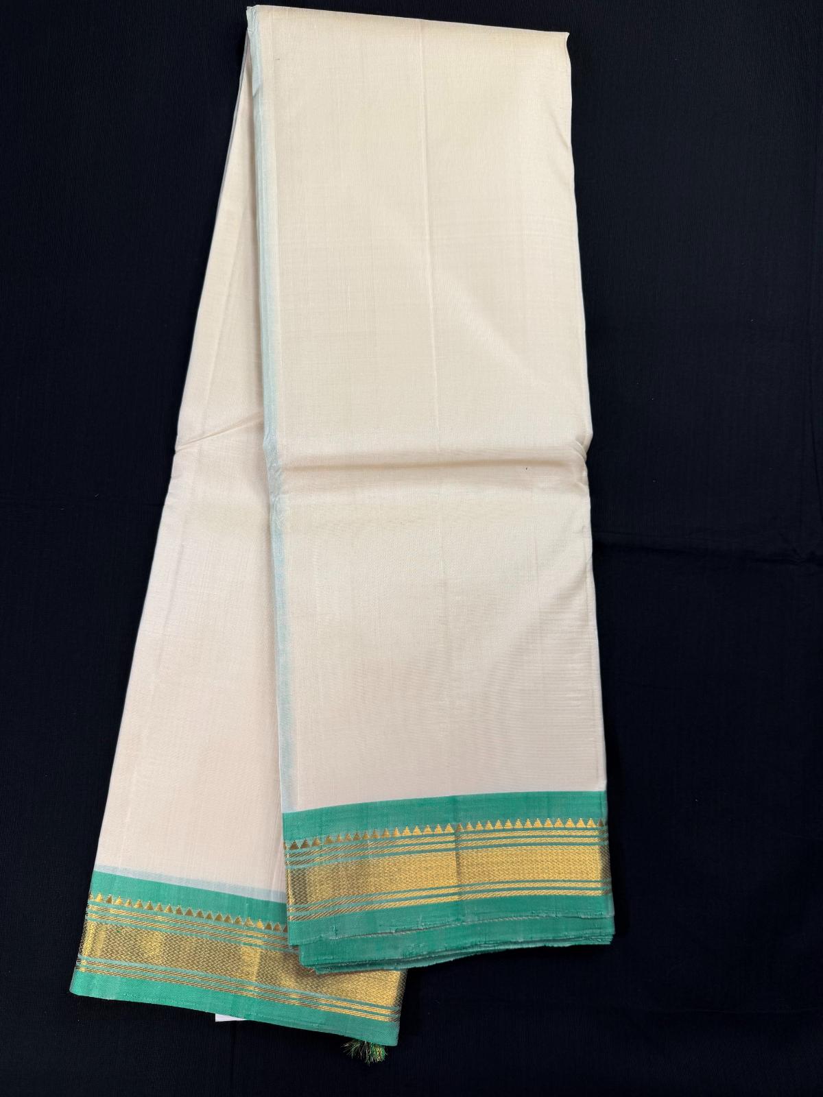 Off-white Pure Kanjivaram Pattu, Light Weight and Small Pista Green Border