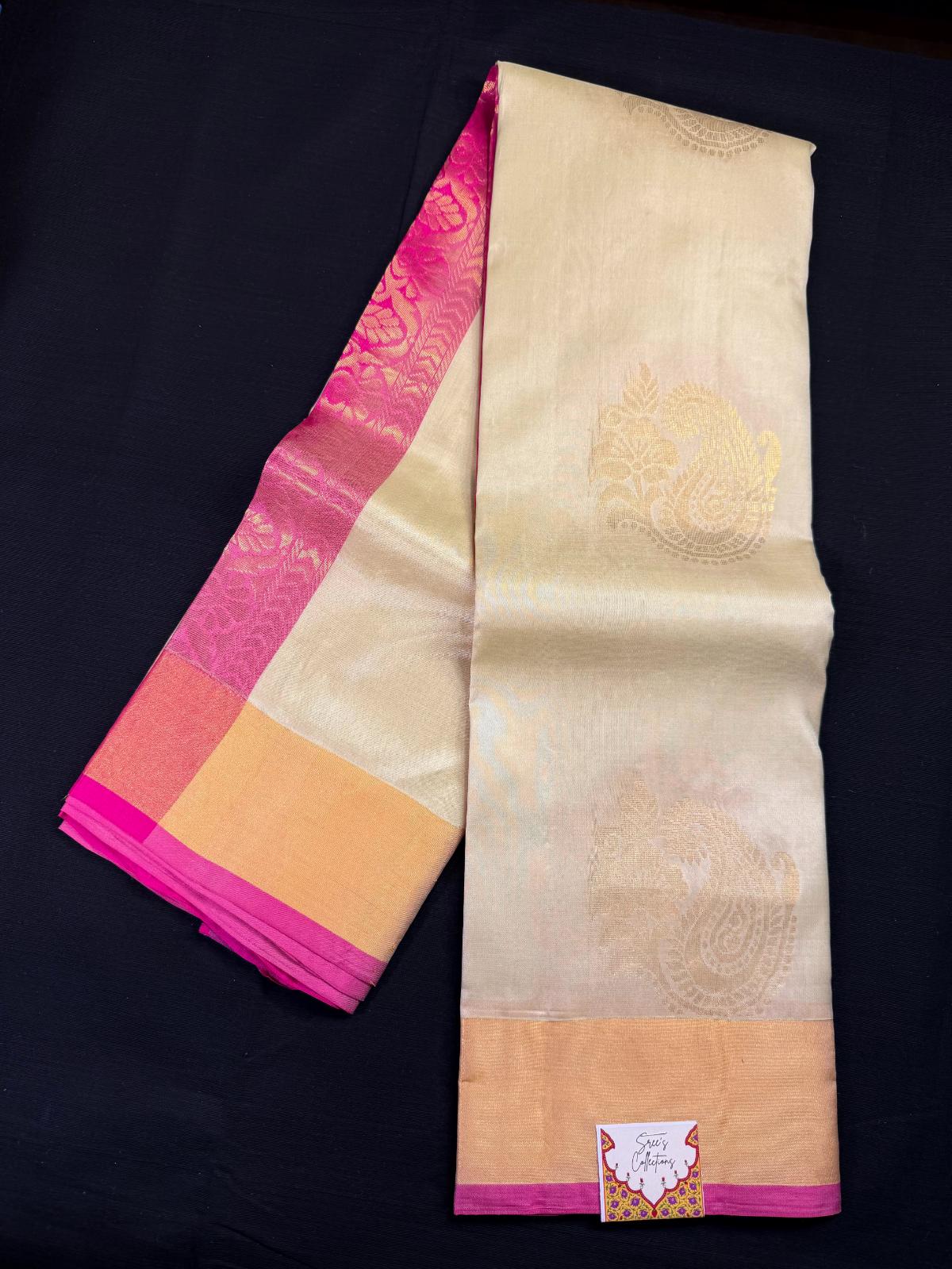 Light Pista Green Pure Kanjivaram Pattu, With Pink Kadi Border, All Over Gold Jari Mango Butas