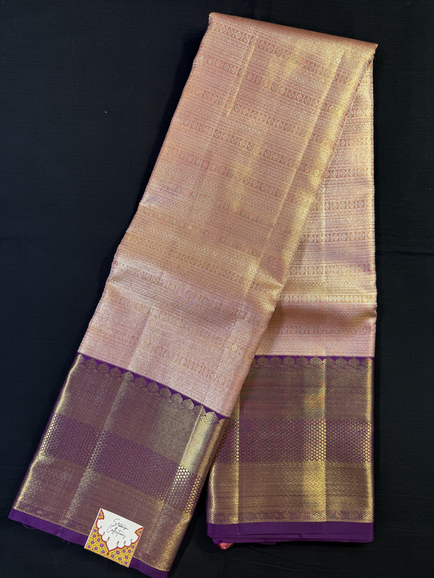 Peach Pure Kanjivaram Pattu With Gold and Silver Jacquard All Over, Big Purple Border With Gold Jari