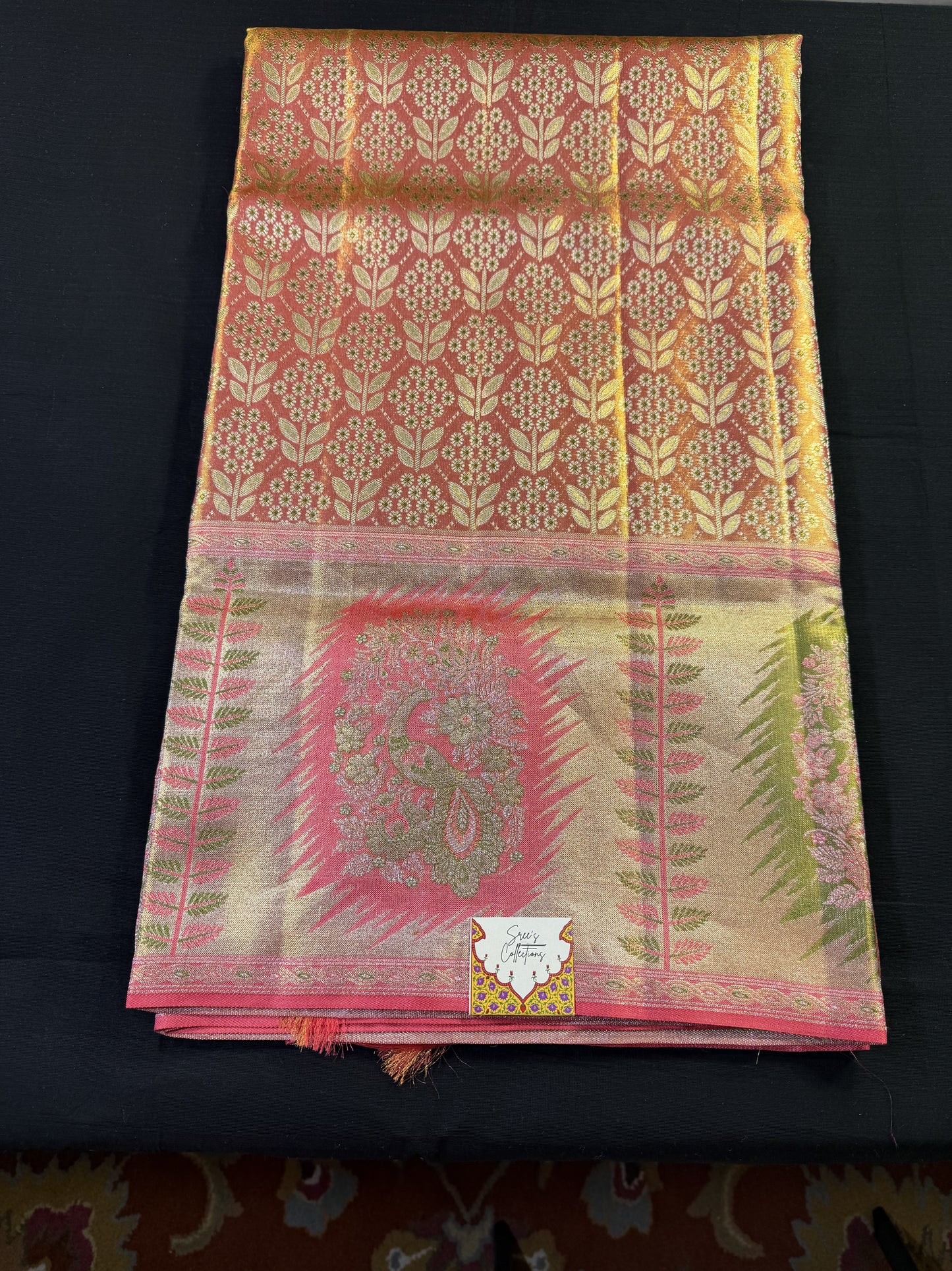Peach Pure Kanjivaram Pattu With Gold and Silver Jacquard All Over, With Flowers and Leaves, Big Border With Green and Pink Peacocks and Stems and Leaves