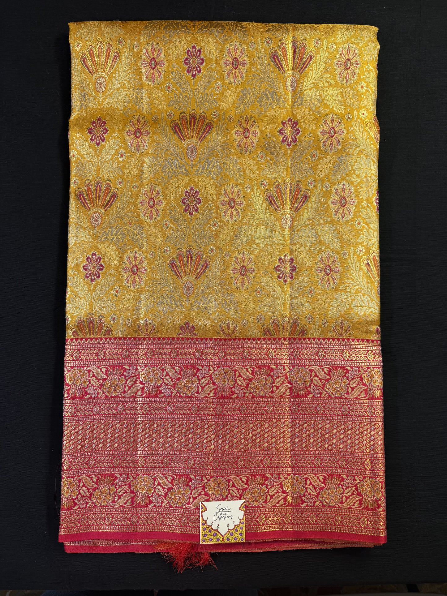 Golden Yellow Pure Kanjivaram Pattu With All Over Gold and Silver Jacquard, Meenakari Border, Bridal Design