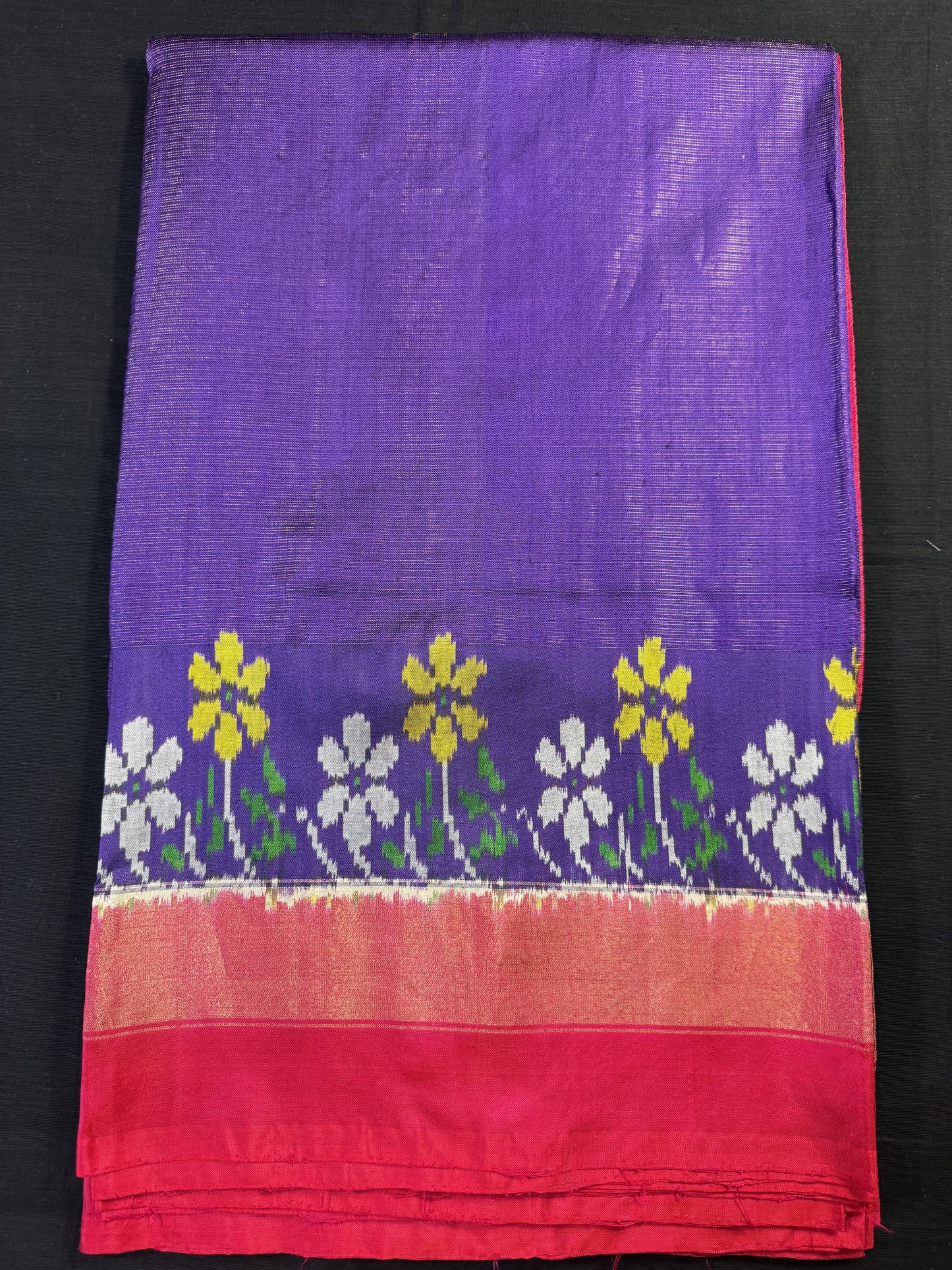 Purple Ikkat Pochampally With Yari Line Design, With Pink Double Border