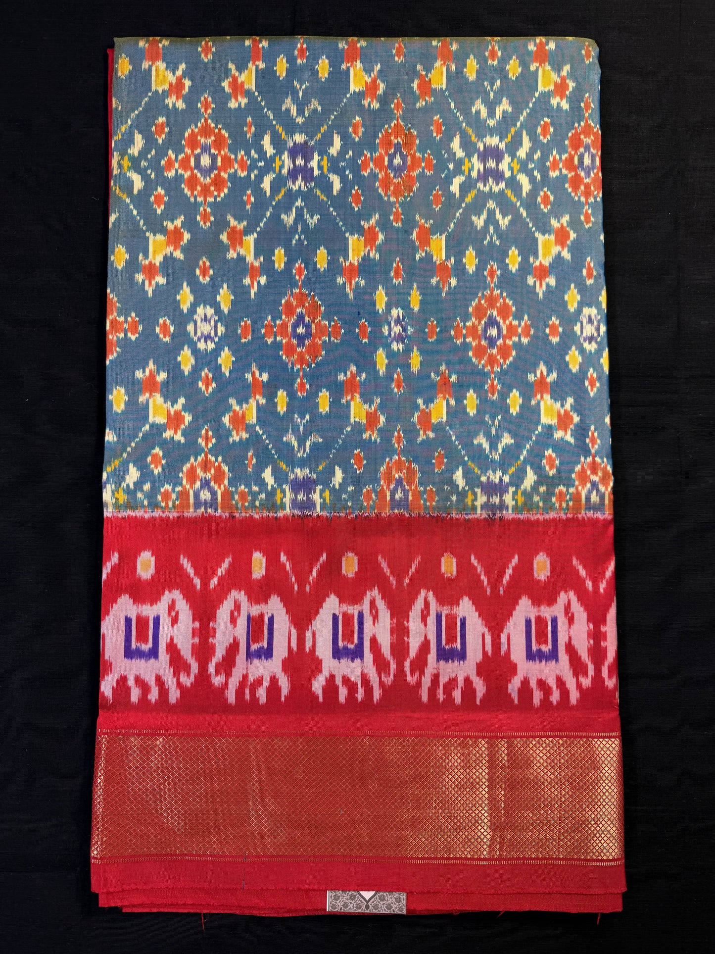 Green and Yellow Mixed Ikkat Pochampally With Big Kadi Border and Elephant Design Above