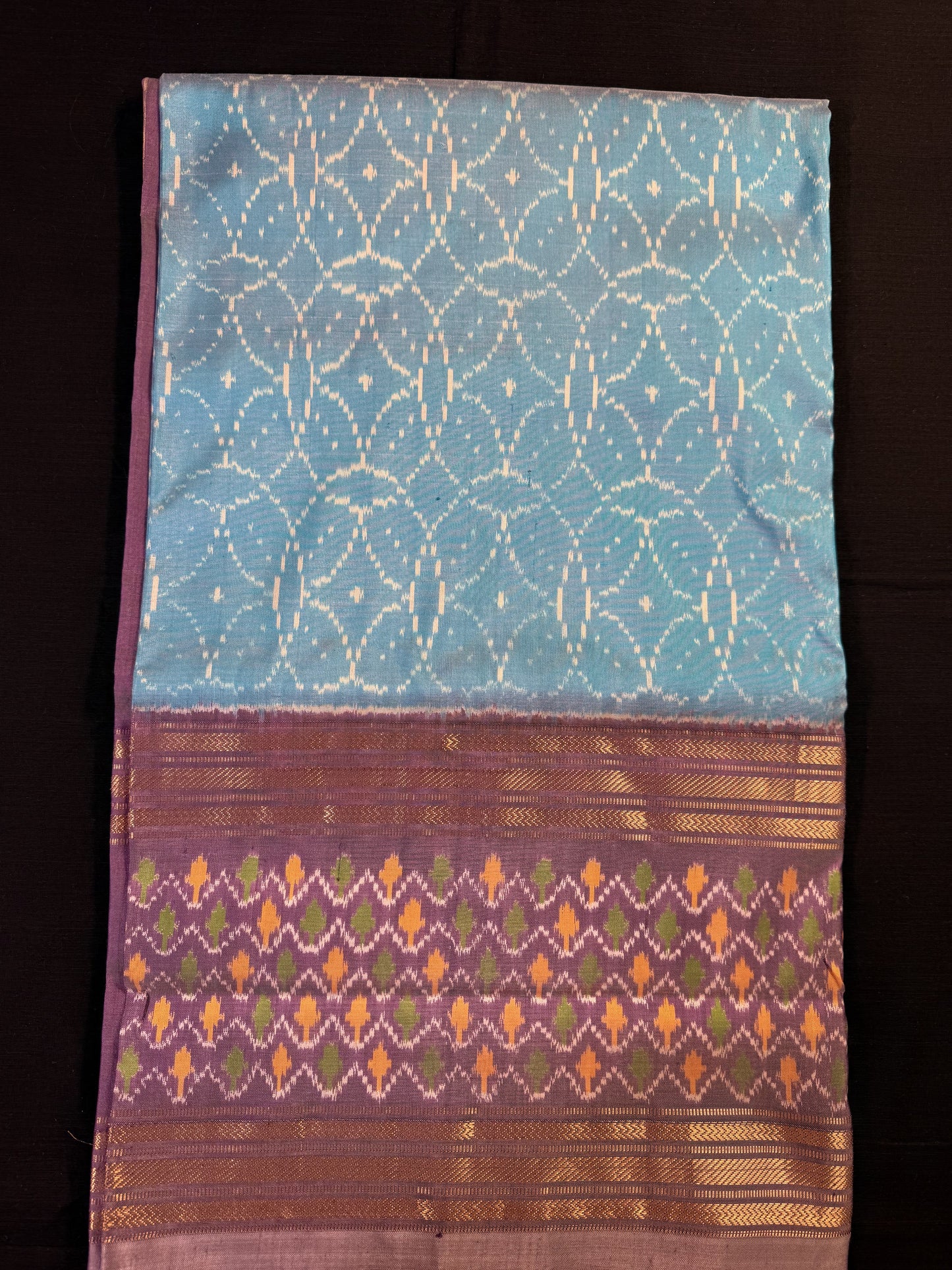 Skyblue Ikkat Pochampally With Gap Border, Ikkat Design in Lavender Border