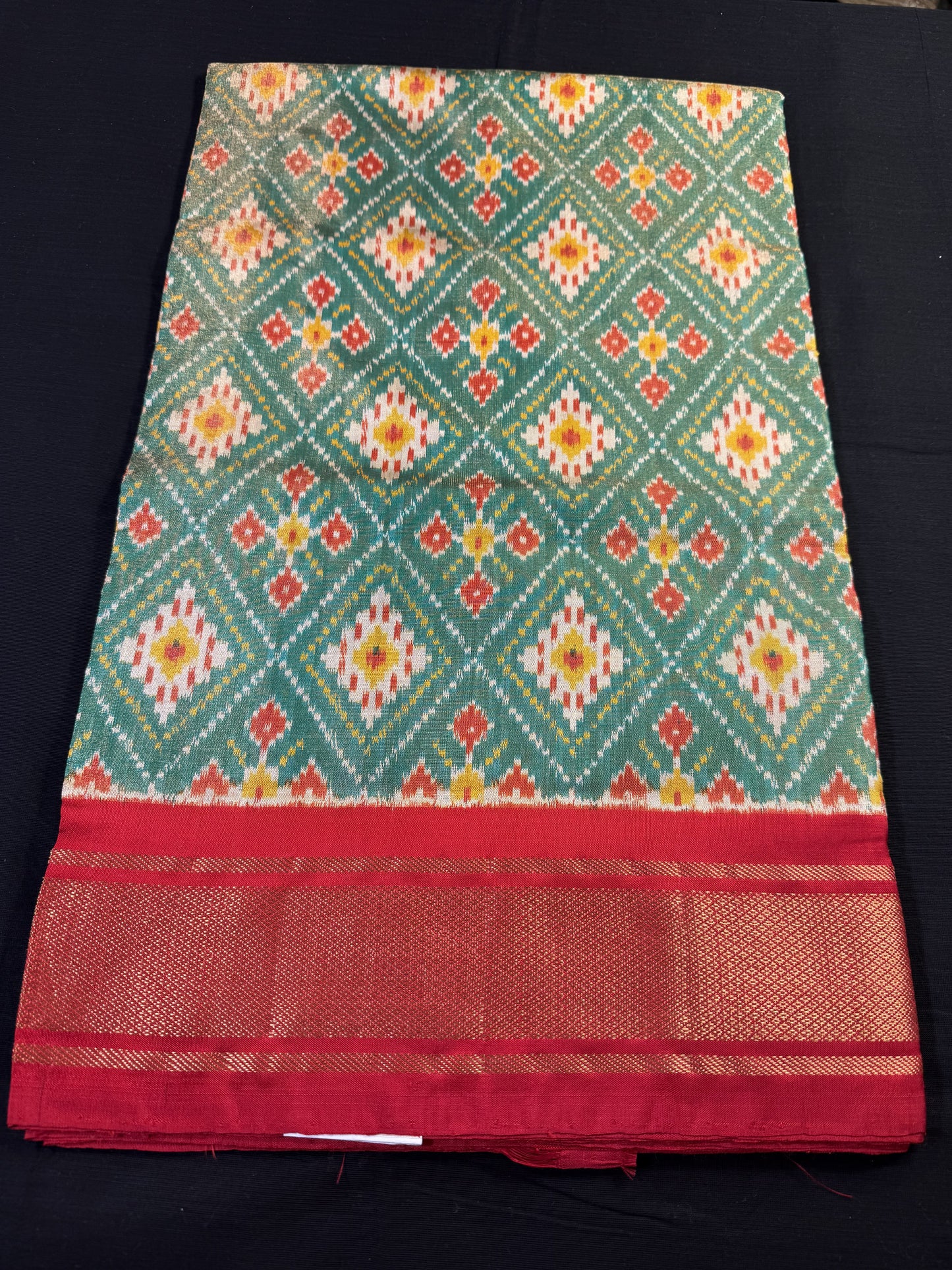Green Ikkat Pochampally Tissue With Big Red Border