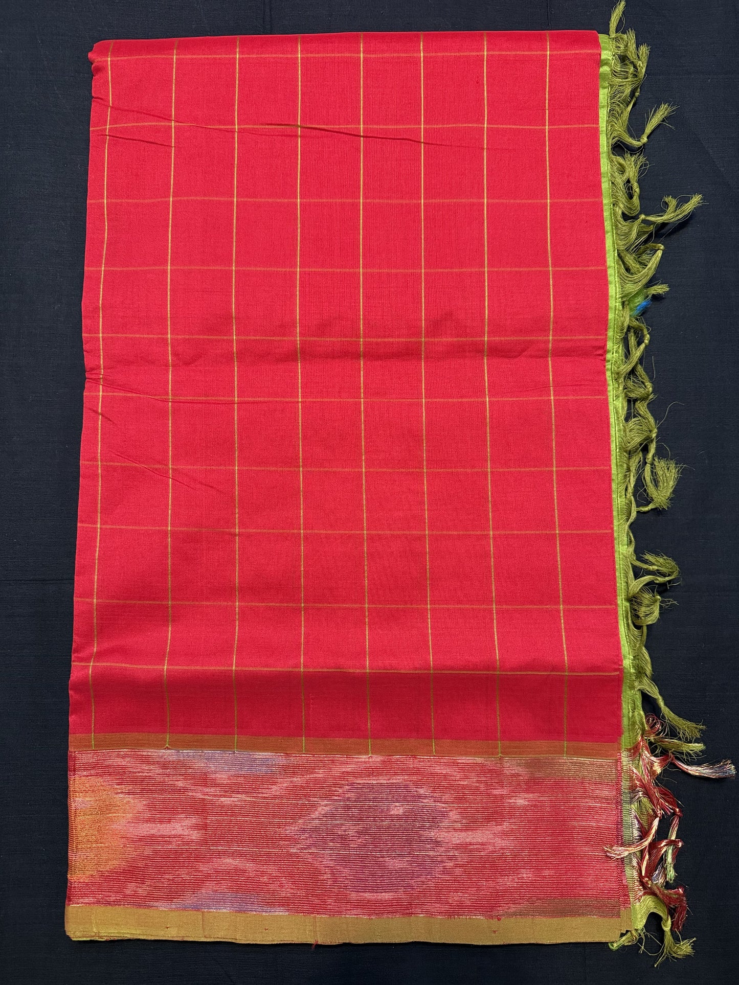 Red Kanjivaram Cotton Silk Saree, with all over checks, Tissue Ikkat border