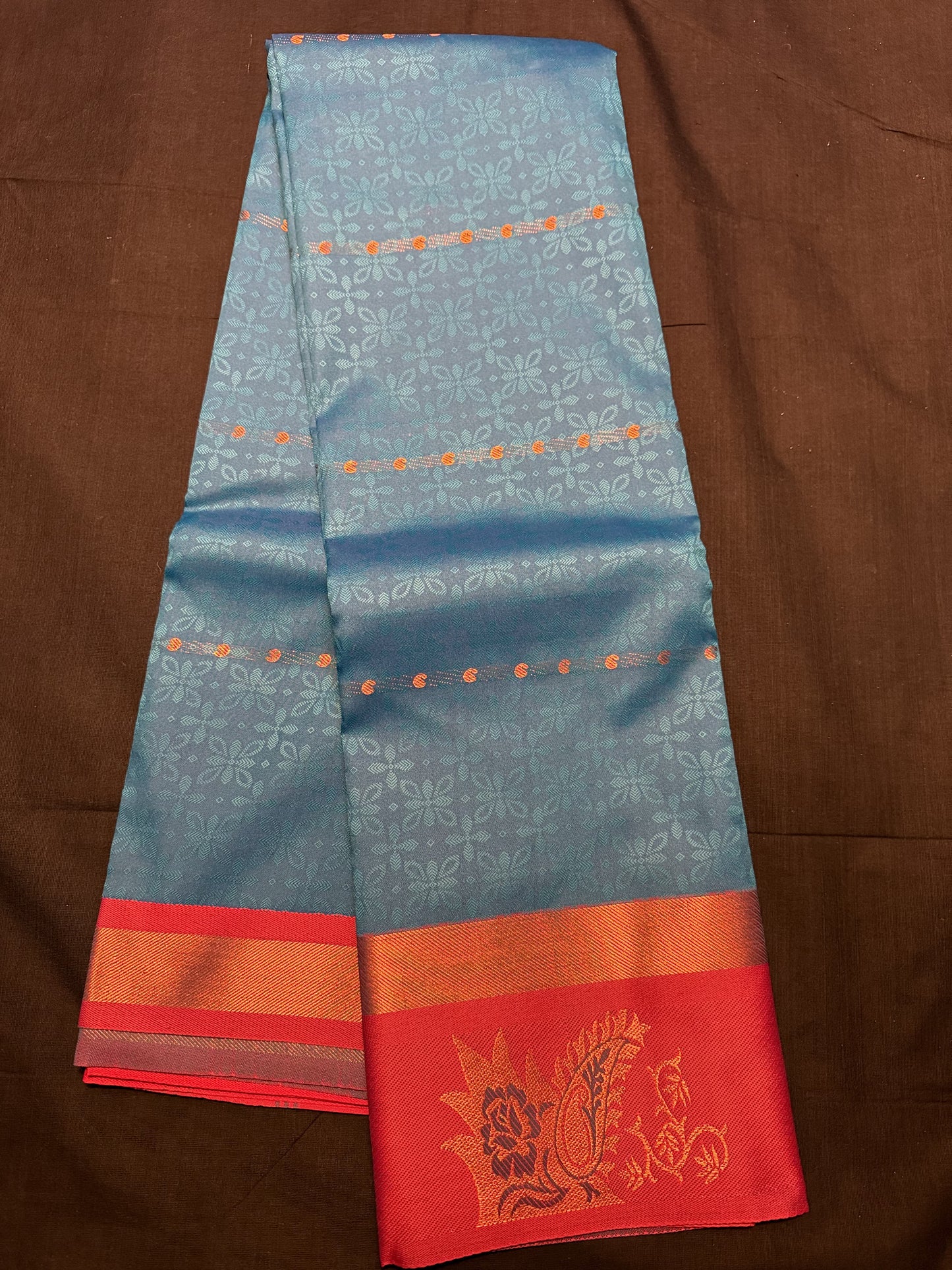 Peacock Blue Fancy Saree, with jacquard and mango butas all over, copper kadi border and maroon border with flowers and mangoes