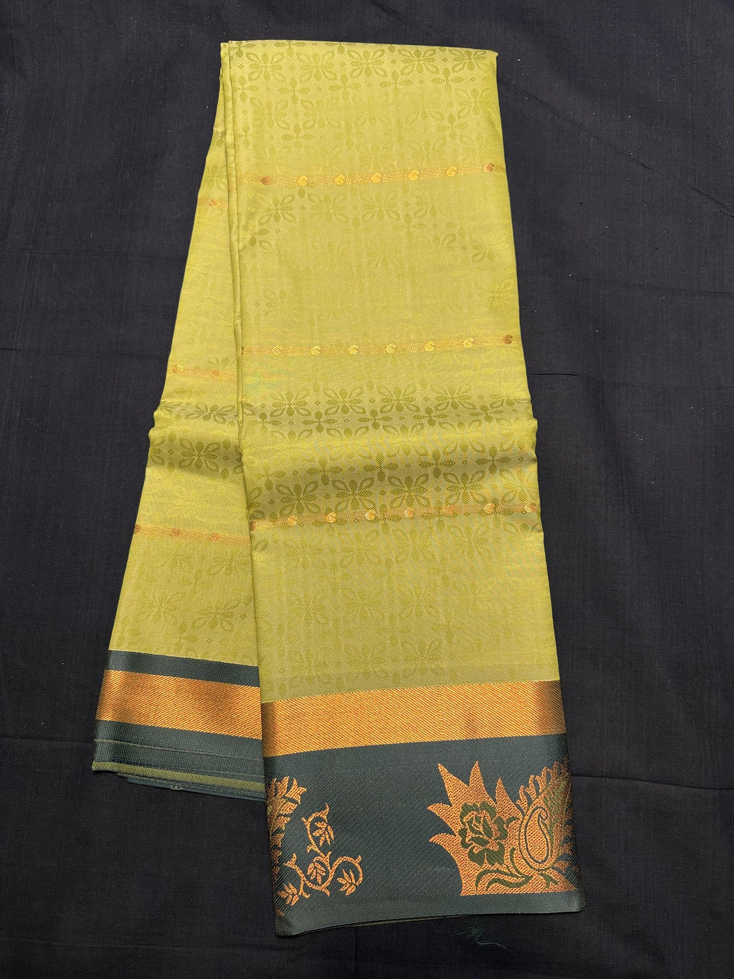 Pastel Green Fancy Saree, with jacquard and mango butas all over, copper kadi border and maroon border with flowers and mangoes