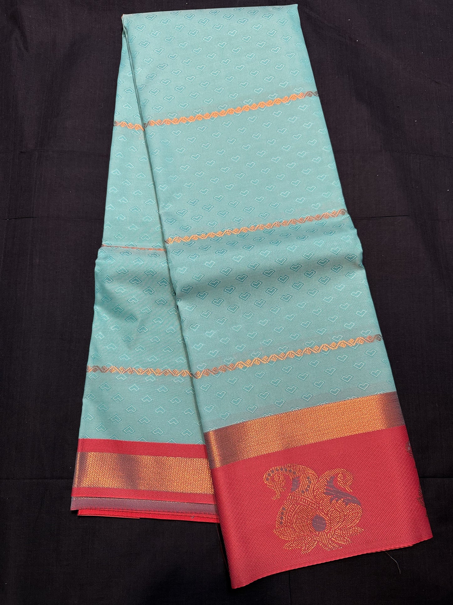 Teal Green Fancy Saree, with jacquard and copper line, copper kadi border and maroon border with lotus design