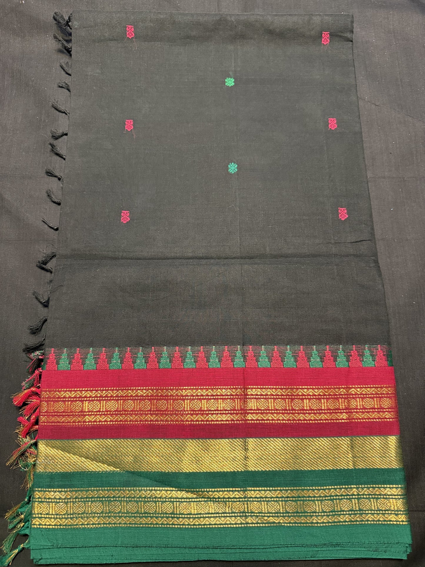 Black Cotton Saree with, green and pink butas all over, triple borders, pink, green kadi border, rudrakshas