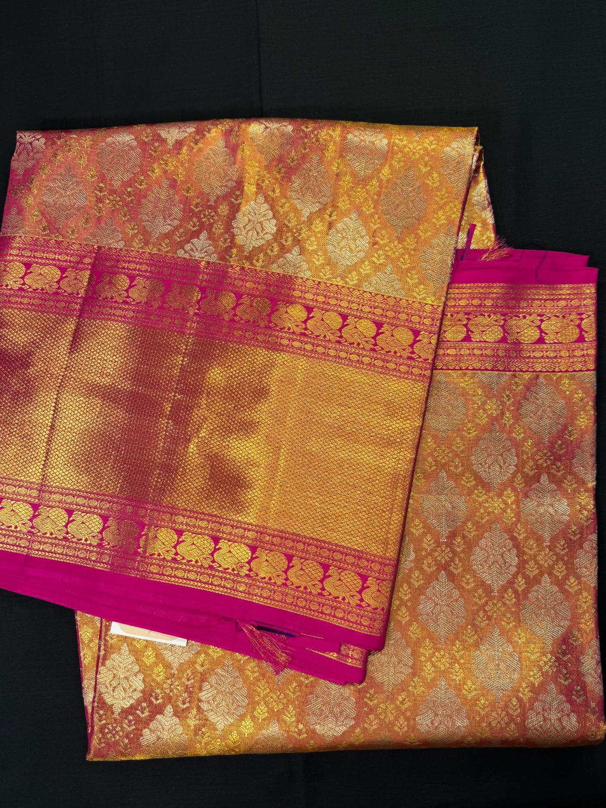 Pink Pure Kanjivaram Pattu, With Triple Border, Jacquard With Tissue All Over, Rudraksha and Peacocks in Border, Kadi Border