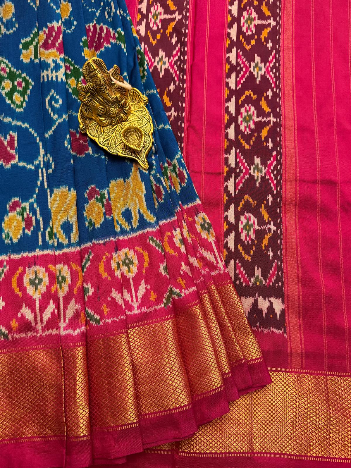 Royal Blue Ikkat Pochampally With Pink Border, With Stitched Blouse