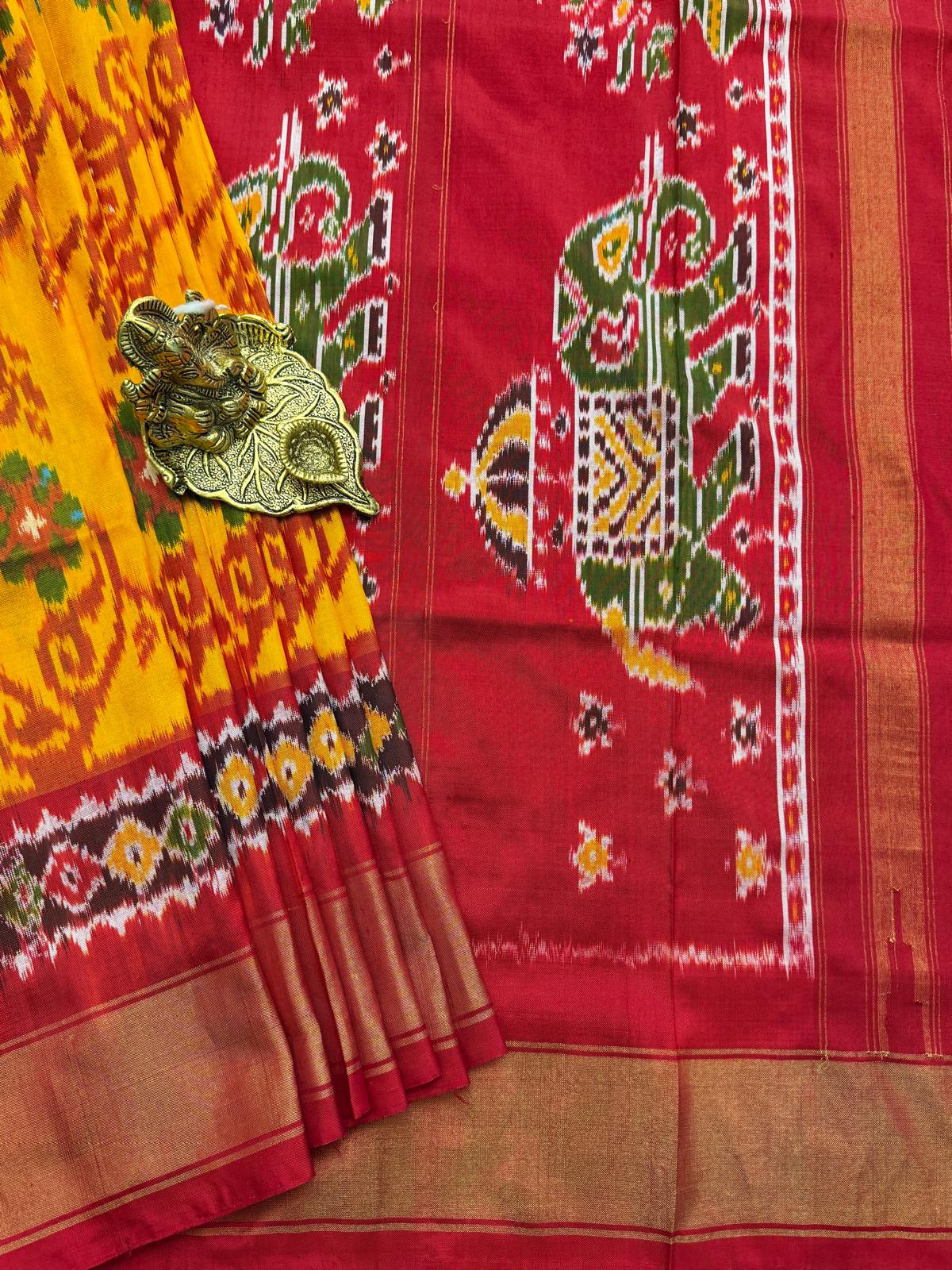 Yellow Ikkat Pochampally With Red Border