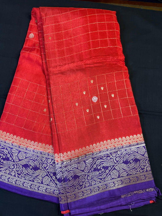 Red Moonga meena Banarasi with checks, purple border