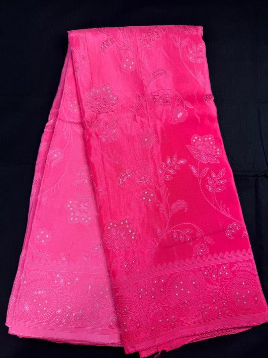 Pink crape georgette, half and half shade, dark and light pink shades