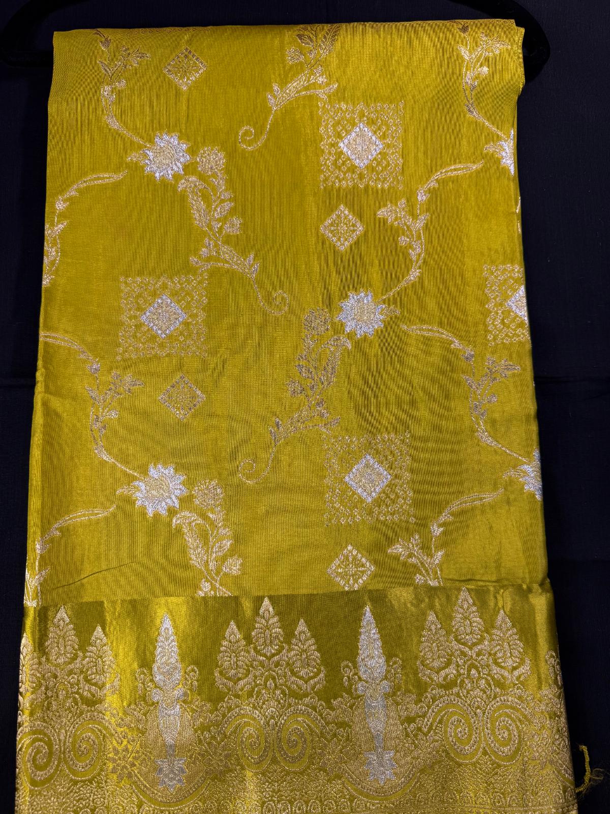Pista green Moonga Silk, with meenakari design