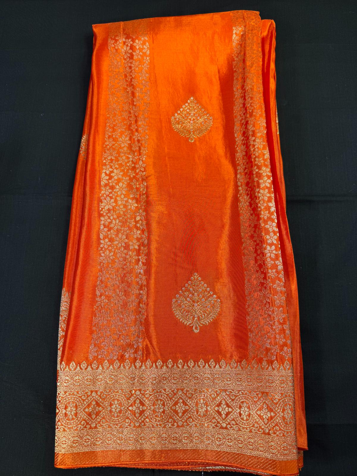 Orange Moonga Silk, with meenakari design