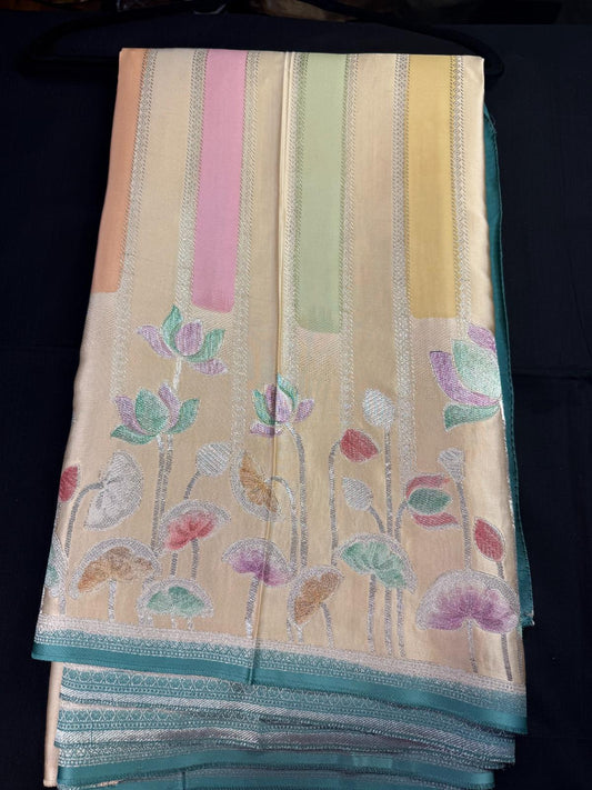 Multi-color Banarasi King Kaab Tusser, with heavy meenakari design and silver threads