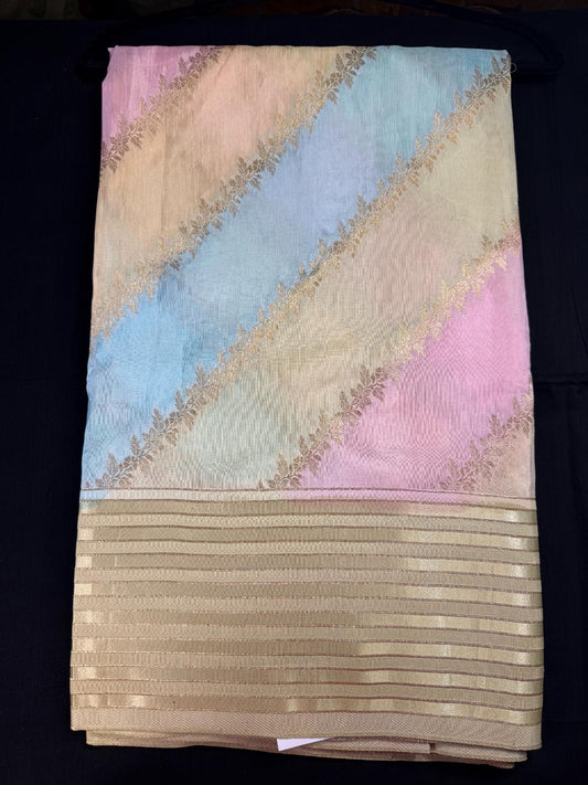 Multi-color Moonga Silk, with Rankat design with gold borders