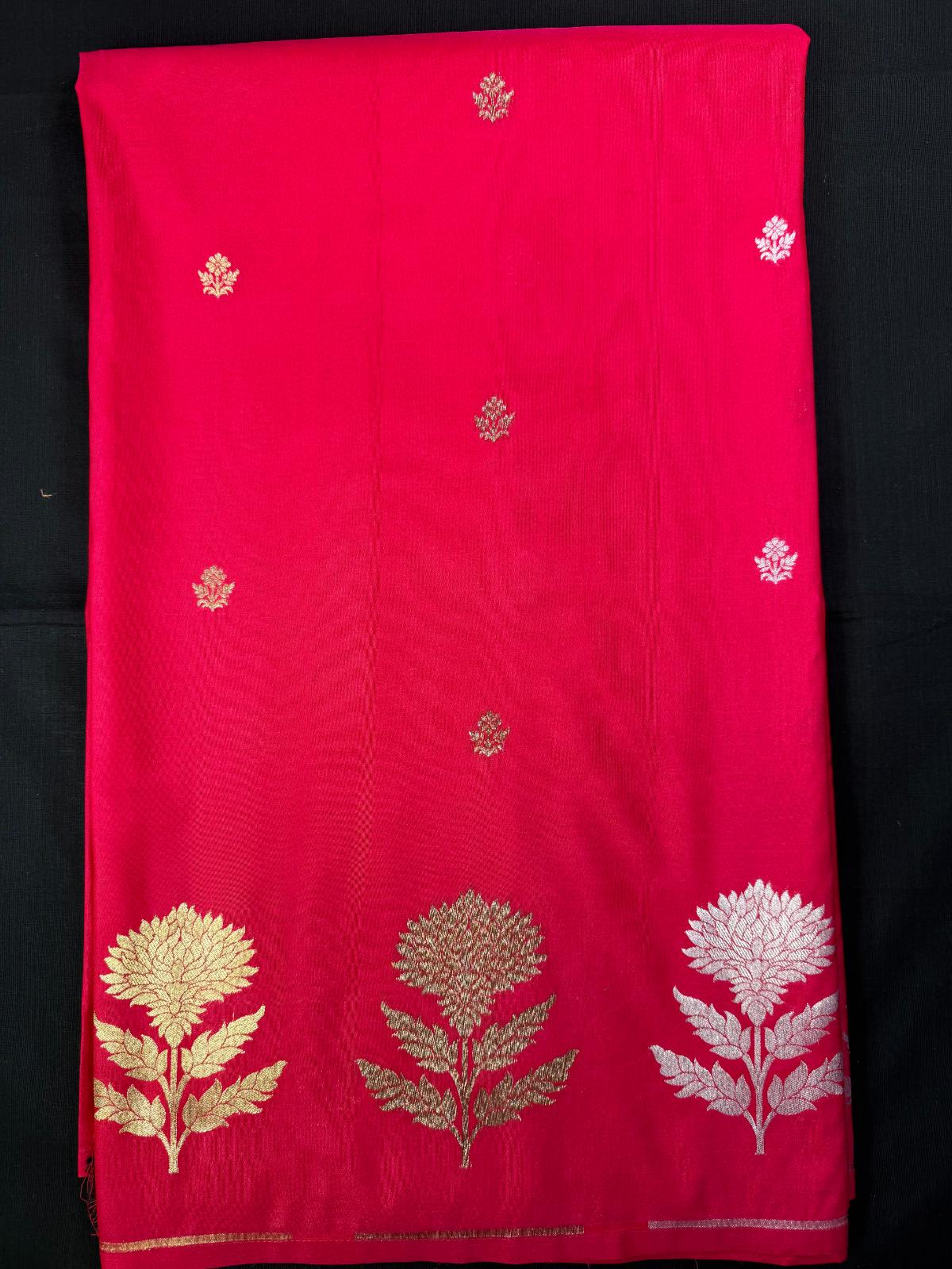Red Banarasi with Gold and Silver butas with no border