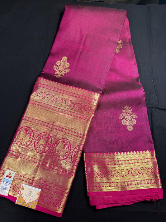 Magenta Pure Kanjivaram Pattu, Pink Big border, Elephants, Peacock and Rudraksha design