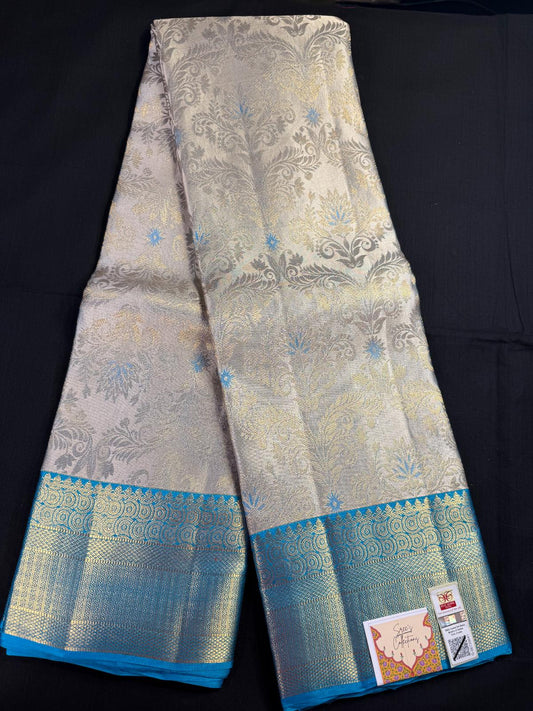 Gray Pure Kanjivaram Pattu with Jacquard all over and Blue borders on both side