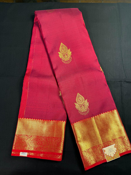 Maroon Pure Kanjivaram Pattu with all over jewel butas with Red jari border, with peacocks