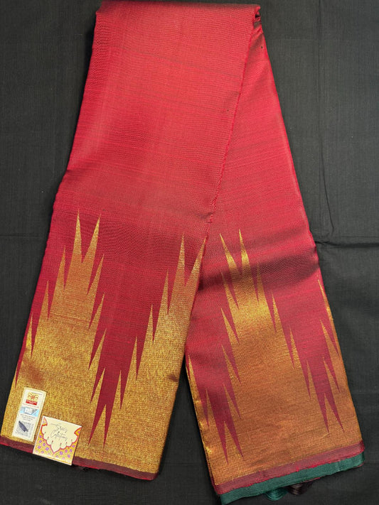Maroon Pure Kanjivaram Pattu with gold temple borders