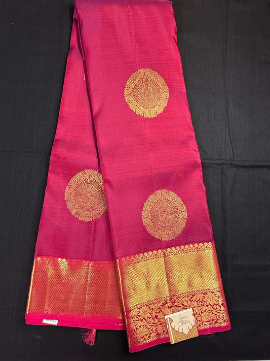 Maroon Pure Kanjivaram Pattu with big rudraksha butas, pink borders
