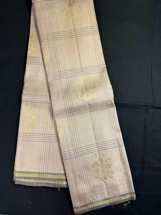 Beige Pure Kanjivaram Pattu with big checks and gold buta design