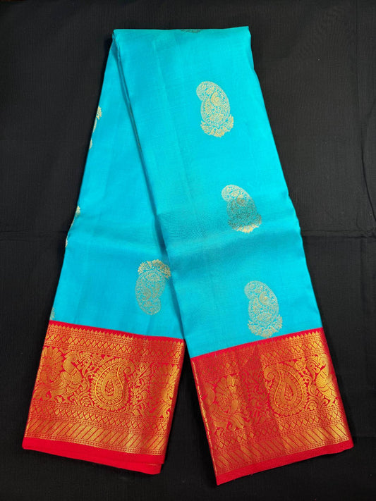Blue Pure Kanjivaram Pattu with mango and peacock butas, red border