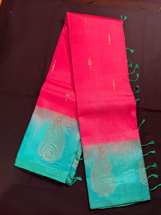 Heart Pink pure kanjivaram pattu with all over jari butas with blue border, mango pattern butas in border