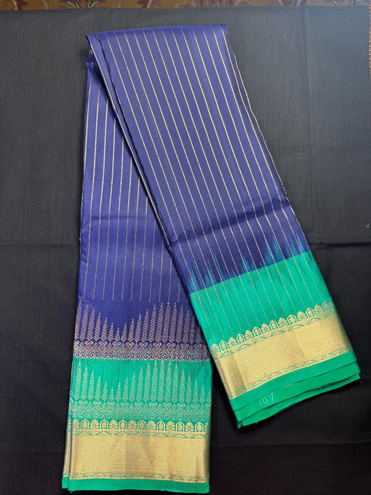 Blue with jari lines all over, triple waves design, triple border with waves, kadi green border design