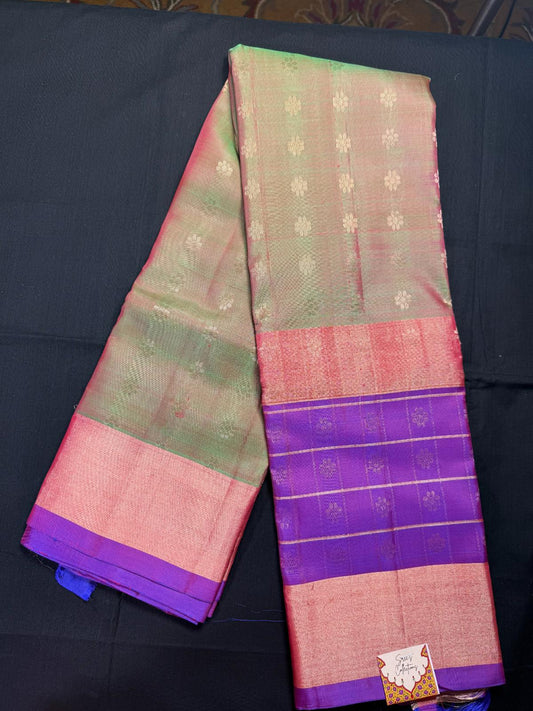 Green and Maroon mixed pure kanjivaram pattu with three different borders, magenta checks flower border, maroon buta border, kadi border