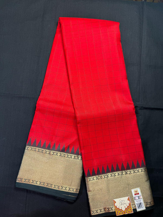 Red Pure Kanjivaram Pattu with all overchecks with bottle green temple and rudraksha and kadi border