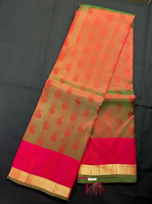 Maroon with Green mixed Kanjivaram Pattu with all over leaf butas and double border, red with mango and green kadi border