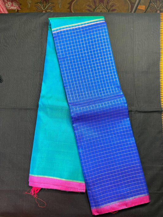 Royal blue Pure Kanjivaram Pattu, half and half with jari checks and green, pink border