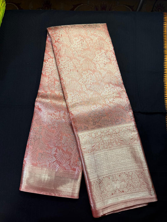 Peach pure kanjivaram pattu, with silver jari jacquard design with silver jari, with riple border with flowers, kadi, peacocks