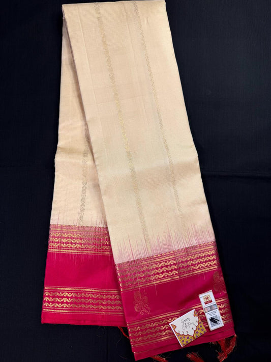 Off-white Pure Kanjivaram Pattu With Pink Gap Border With Butas, All Over Jari Design Lines, Light Weight