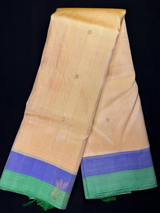 Off-white Pure Kanjivaram Pattu, Light Weight and Double Border Pistagreen and Lavender, Flowers in Border, All Over Gold Butas