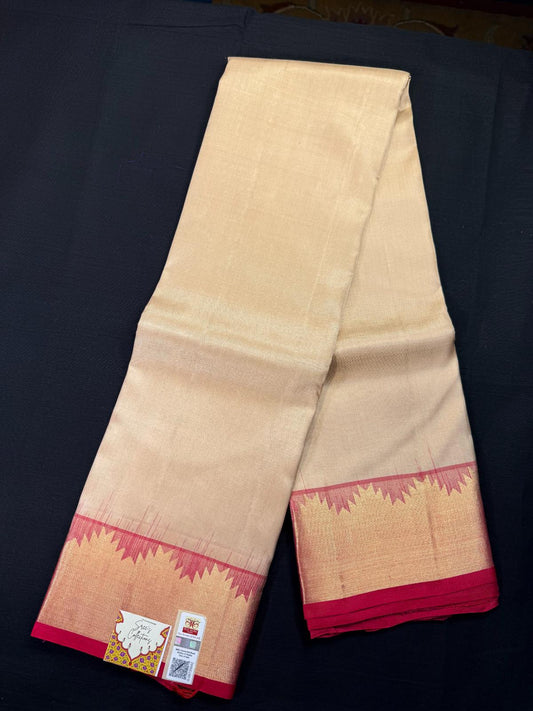 Beige Pure Kanjivaram Pattu, Red Border With Mini Temple Design