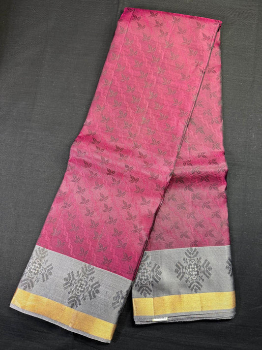 Dark Magenta Pure Kanjivaram Pattu With Thread Work All Over, Double Border Gray With Thread Work, and Kadi Border